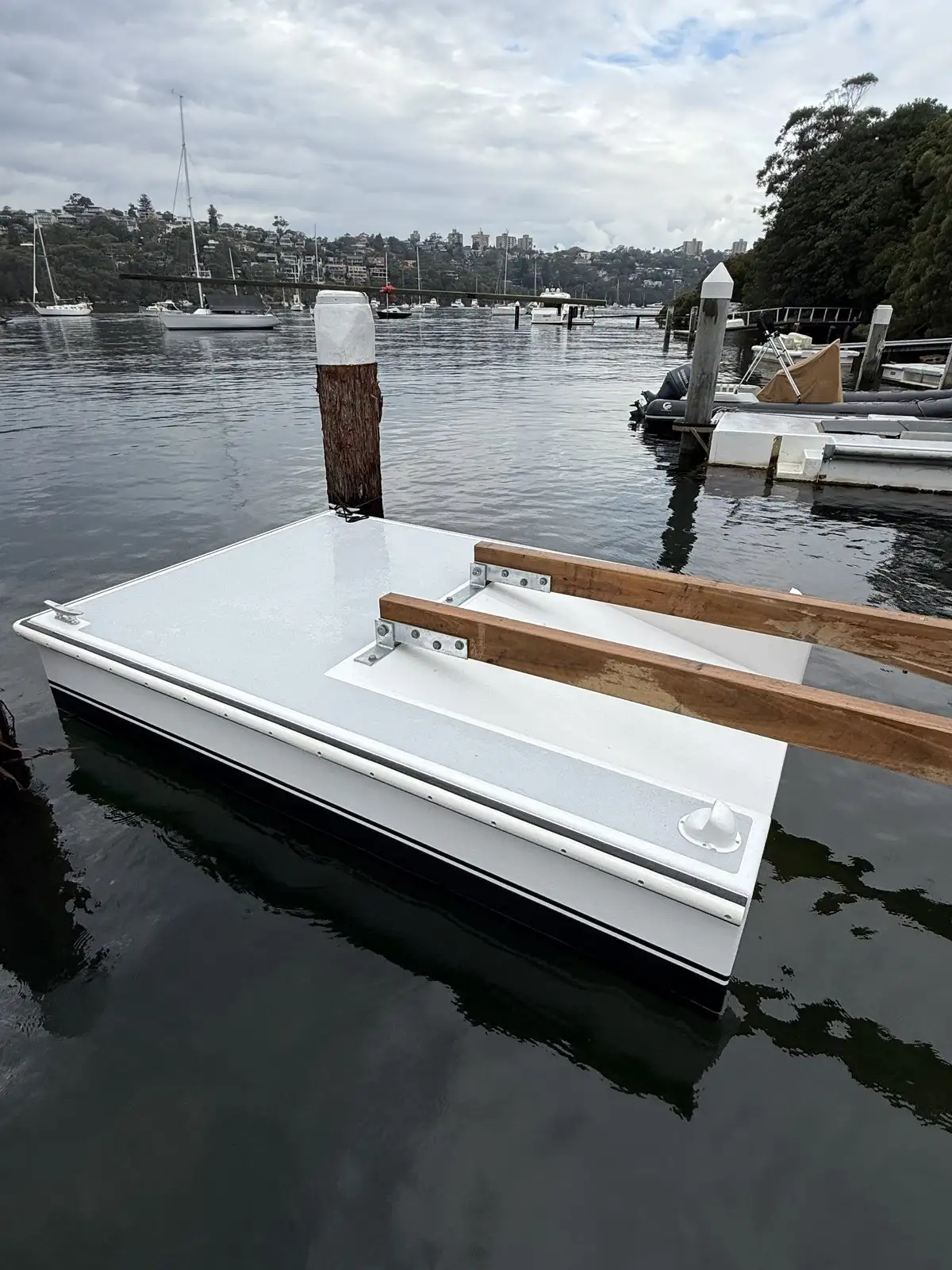 A pontoon under construction, with the hardwood bearers being fitted