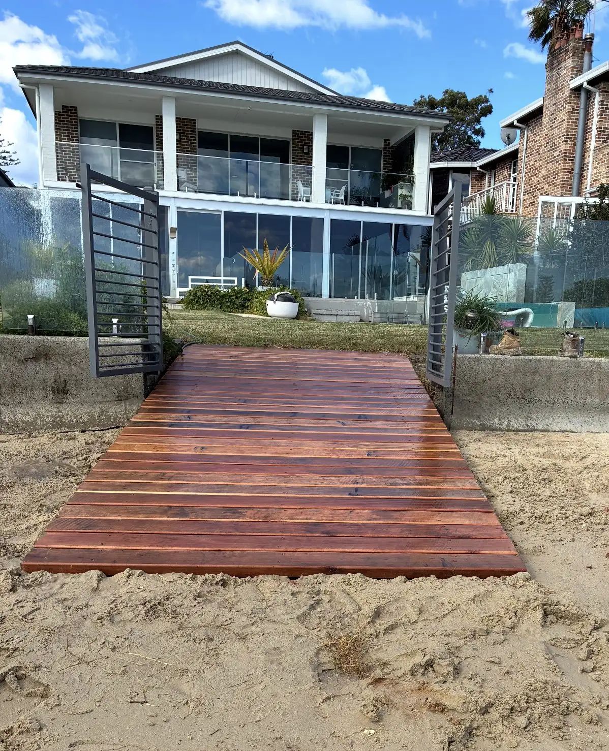 Timber skid ramp over a rocky foreshore